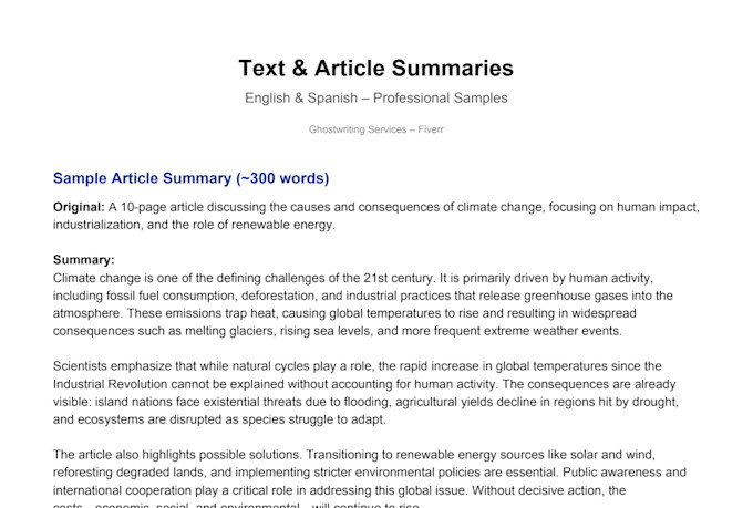 summarize articles, books or reports in english or spanish
